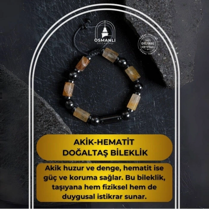 Sertifikalı Akik ve Hematit Doğaltaş Bileklik