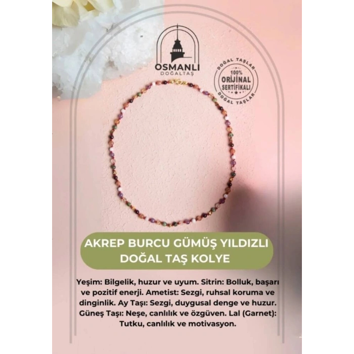 Sertifikalı Akrep Burcu Gümüş Yıldızlı Doğal Taş Kolye