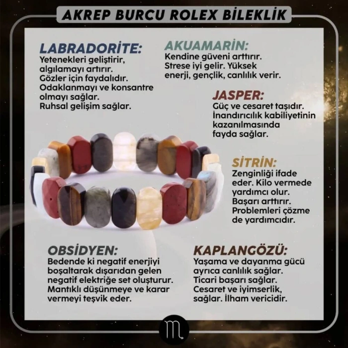 Sertifikalı Akrep Burcu Rolex Doğal Taş Bileklik (SK:345)
