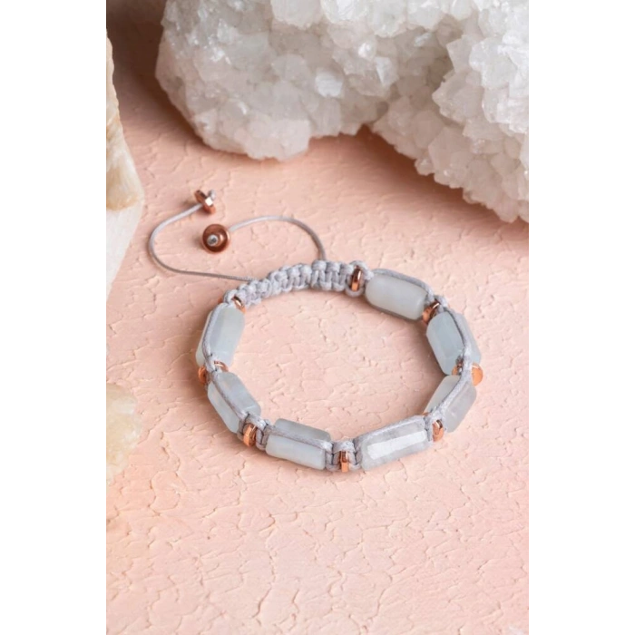 Sertifikalı Akuamarin, Hematit Doğal Taş Makrome Bileklik