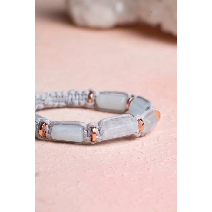 Sertifikalı Akuamarin, Hematit Doğal Taş Makrome Bileklik