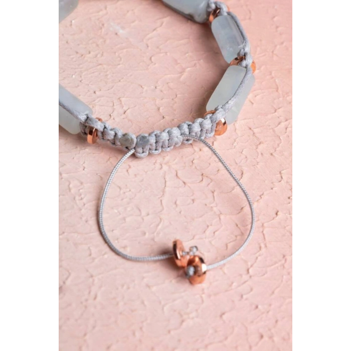 Sertifikalı Akuamarin, Hematit Doğal Taş Makrome Bileklik