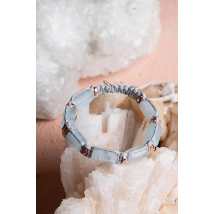 Sertifikalı Akuamarin, Hematit Doğal Taş Makrome Bileklik