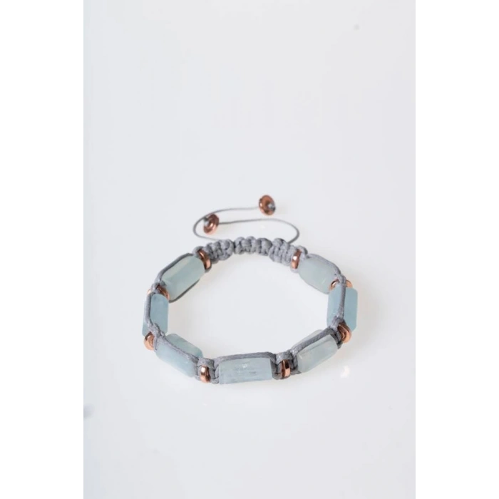 Sertifikalı Akuamarin, Hematit Doğal Taş Makrome Bileklik