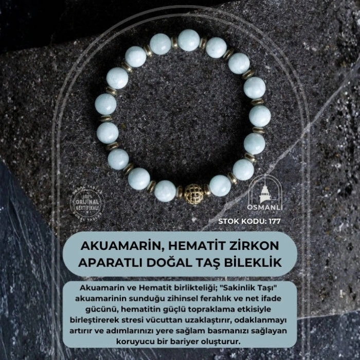 Sertifikalı Akuamarin, Hematit Zirkon Aparatlı Doğal Taş Bileklik (SK:177)