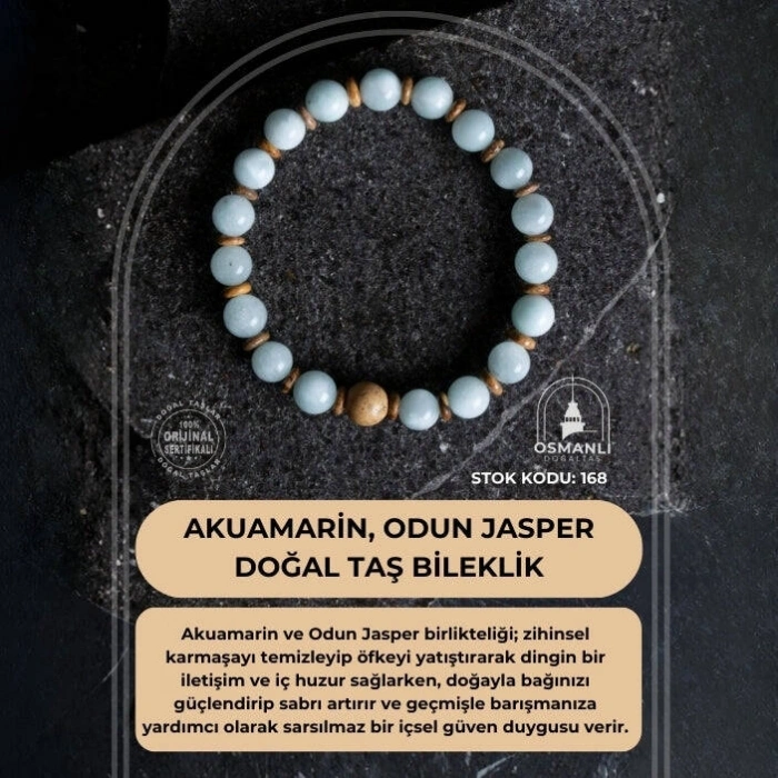Sertifikalı Akuamarin, Odun Jasper Doğal Taş Bileklik (SK:168)