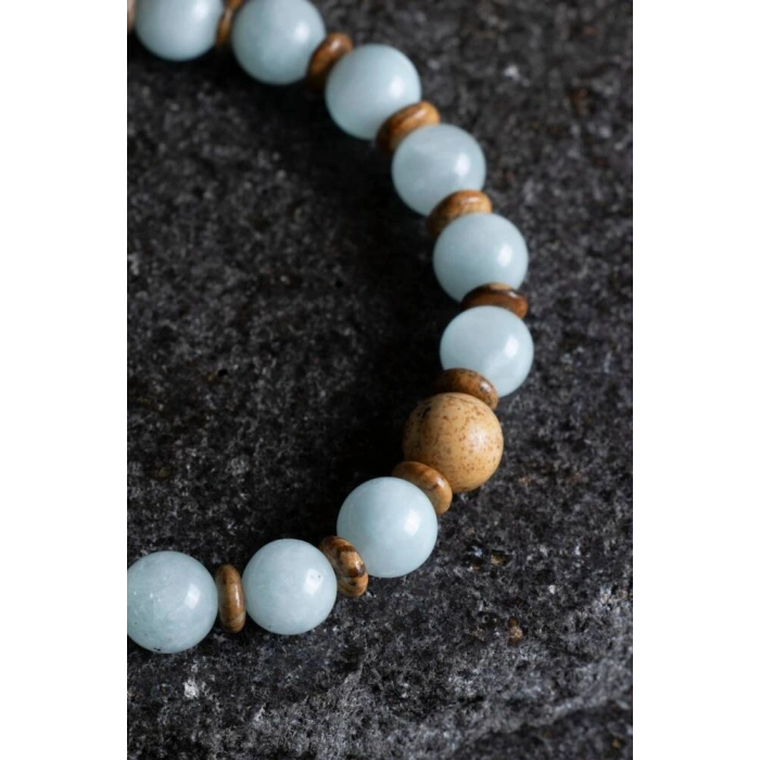 Sertifikalı Akuamarin, Odun Jasper Doğal Taş Bileklik (SK:168)