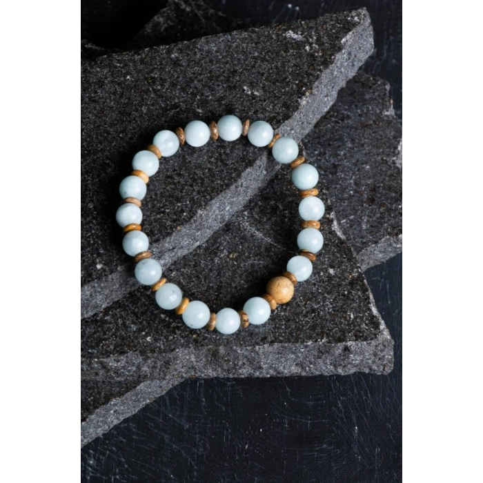 Sertifikalı Akuamarin, Odun Jasper Doğal Taş Bileklik (SK:168)