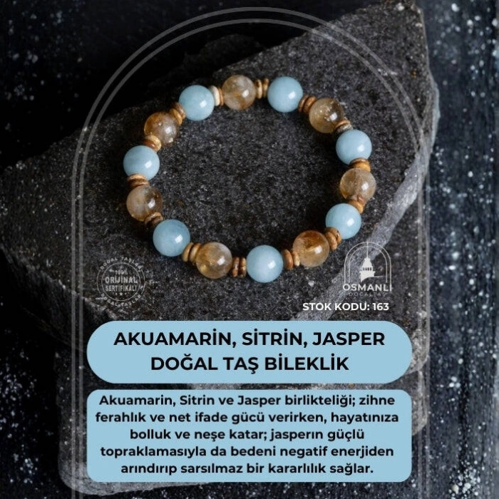 Sertifikalı Akuamarin, Sitrin ve Jasper Doğal Taş Bileklik (SK:163)