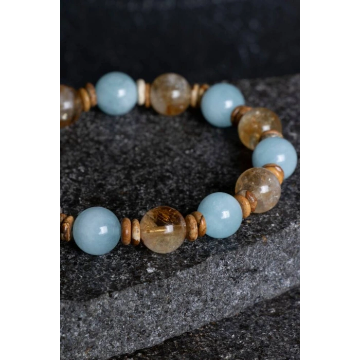 Sertifikalı Akuamarin, Sitrin ve Jasper Doğal Taş Bileklik (SK:163)