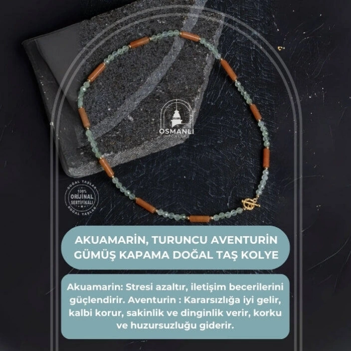 Sertifikalı Akuamarin, Turuncu Aventurin Gümüş Kapama Doğal Taş Kolye