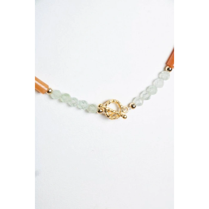 Sertifikalı Akuamarin, Turuncu Aventurin Gümüş Kapama Doğal Taş Kolye