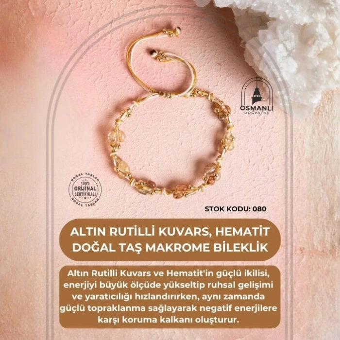 Sertifikalı Altın Rutilli Kuvars, Hematit Doğal Taş Makrome Bileklik (SK:080)