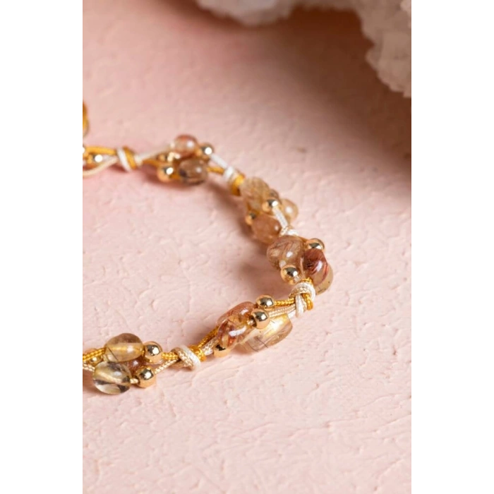 Sertifikalı Altın Rutilli Kuvars, Hematit Doğal Taş Makrome Bileklik (SK:080)