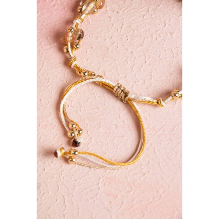 Sertifikalı Altın Rutilli Kuvars, Hematit Doğal Taş Makrome Bileklik (SK:080)