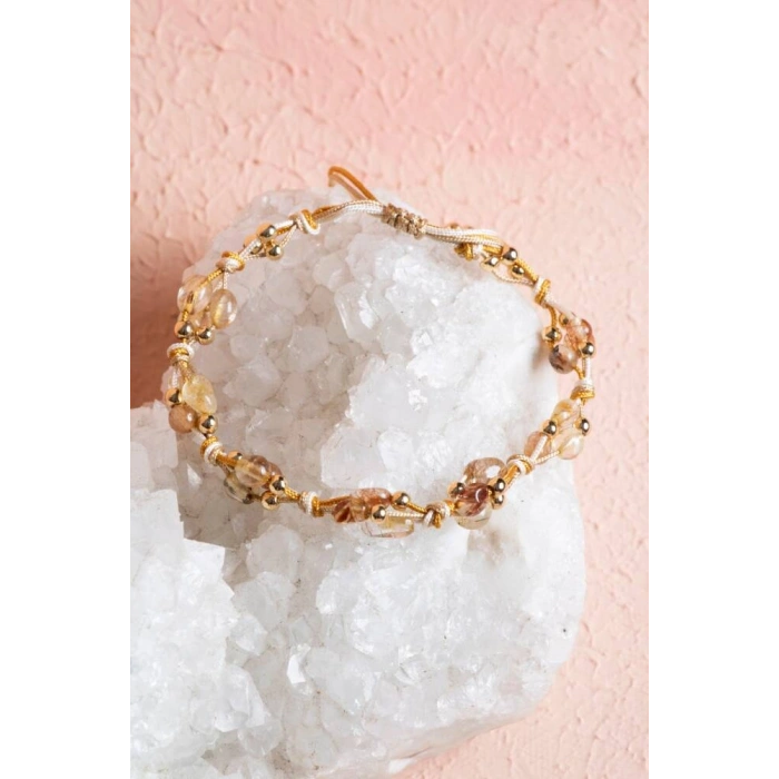 Sertifikalı Altın Rutilli Kuvars, Hematit Doğal Taş Makrome Bileklik (SK:080)