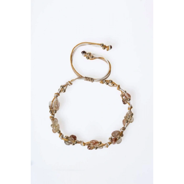 Sertifikalı Altın Rutilli Kuvars, Hematit Doğal Taş Makrome Bileklik (SK:080)