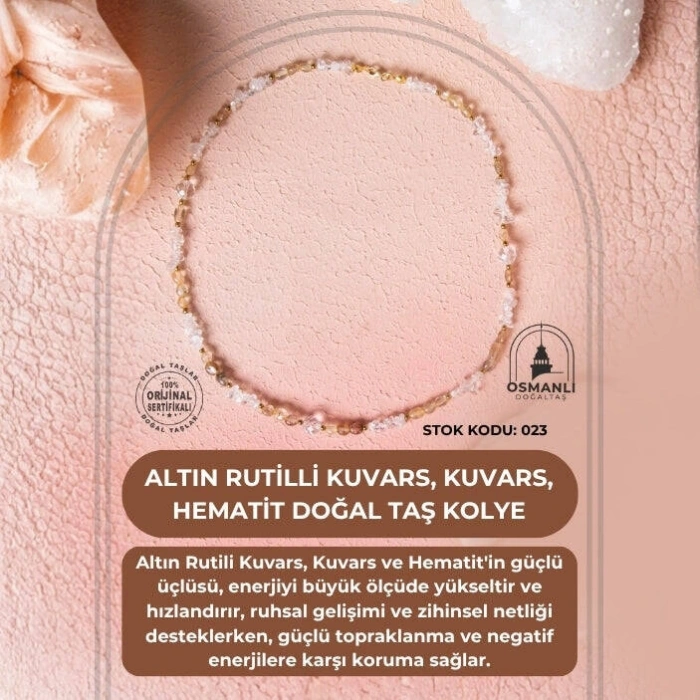 Sertifikalı Altın Rutilli Kuvars, Kuvars, Hematit Doğal Taş Kolye (SK:023)