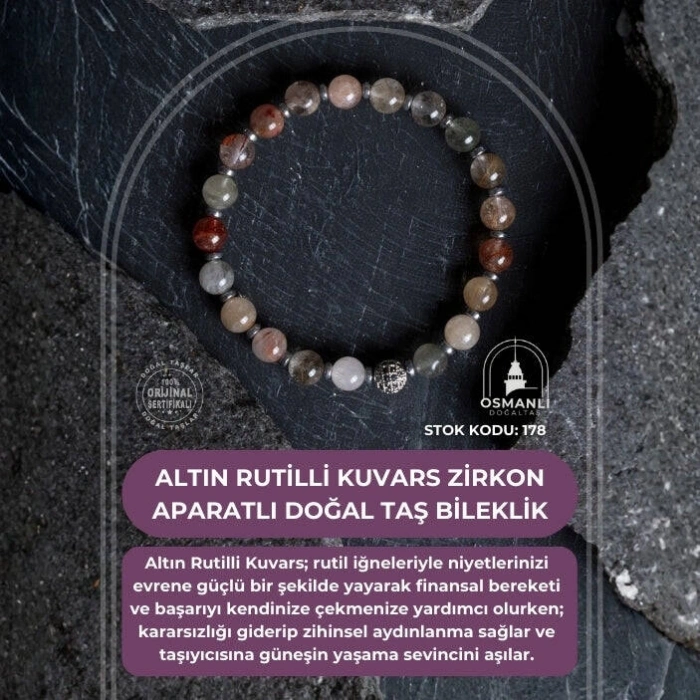 Sertifikalı Altın Rutilli Kuvars Zirkon Aparatlı Doğal Taş Bileklik-6 mm (SK:178)