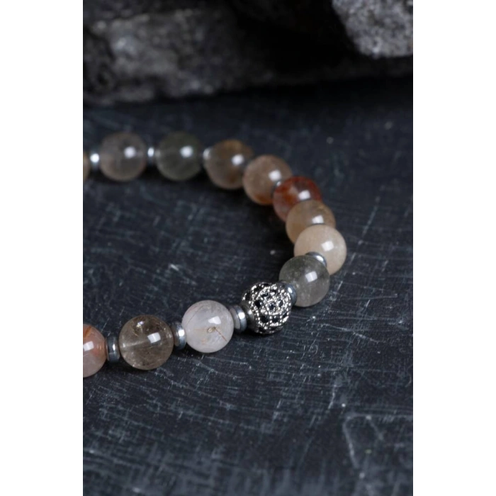 Sertifikalı Altın Rutilli Kuvars Zirkon Aparatlı Doğal Taş Bileklik-6 mm (SK:178)