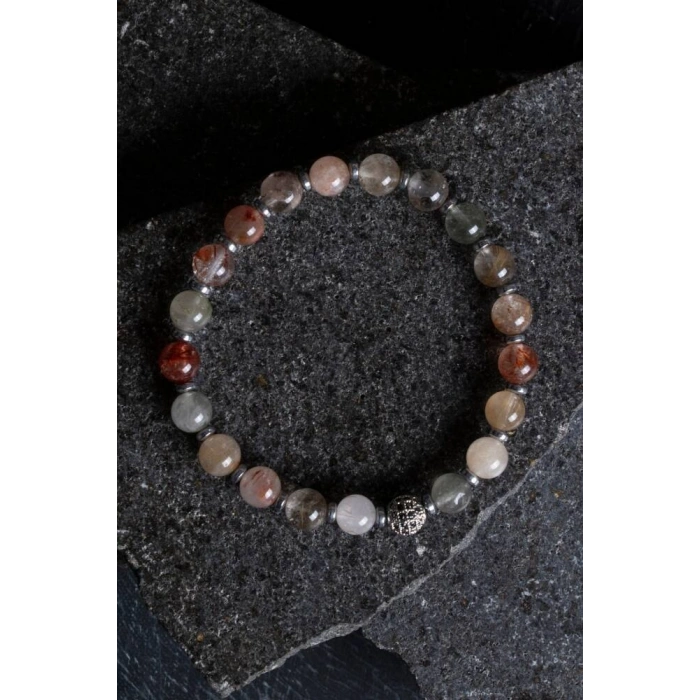 Sertifikalı Altın Rutilli Kuvars Zirkon Aparatlı Doğal Taş Bileklik-6 mm (SK:178)