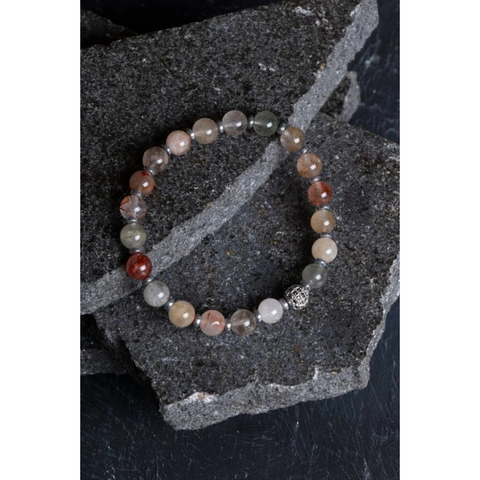 Sertifikalı Altın Rutilli Kuvars Zirkon Aparatlı Doğal Taş Bileklik-6 mm (SK:178)