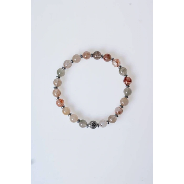 Sertifikalı Altın Rutilli Kuvars Zirkon Aparatlı Doğal Taş Bileklik-6 mm (SK:178)