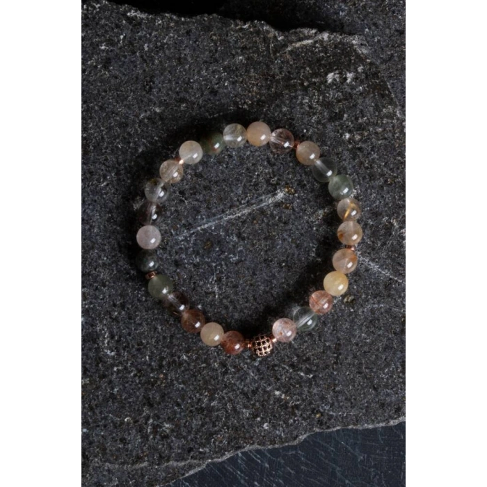 Sertifikalı Altın Rutilli Kuvars Zirkon Aparatlı Doğal Taş Bileklik - 8mm (SK:170)