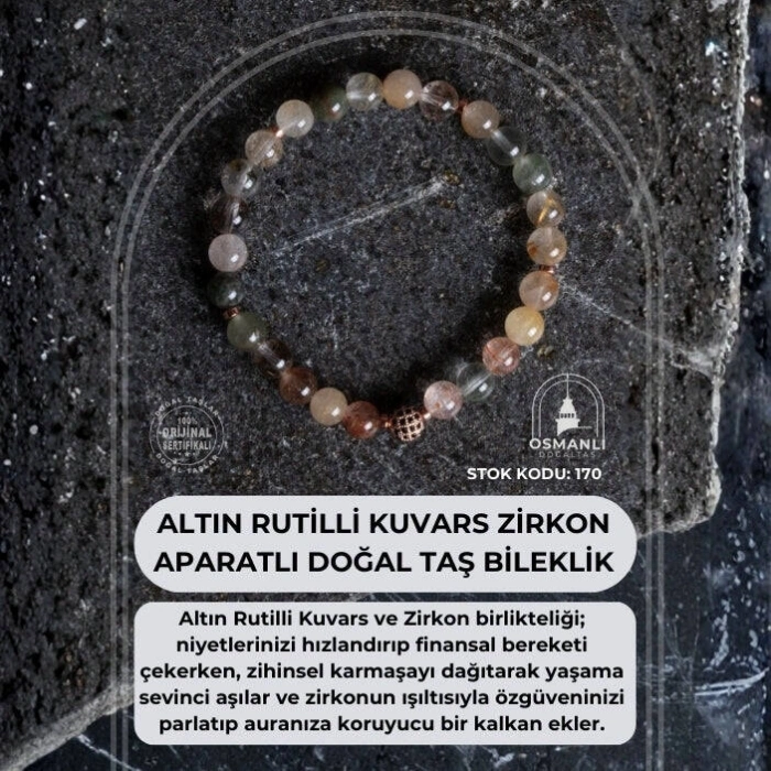 Sertifikalı Altın Rutilli Kuvars Zirkon Aparatlı Doğal Taş Bileklik - 8mm (SK:170)
