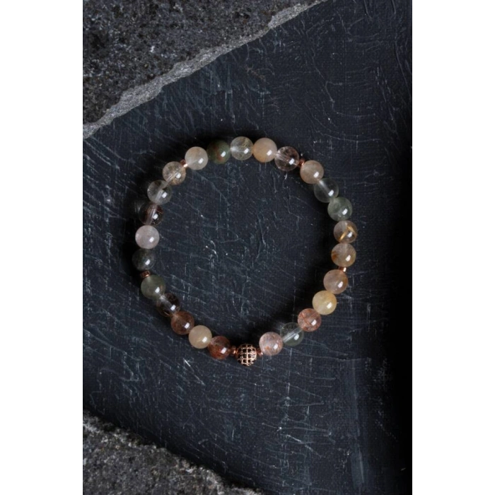 Sertifikalı Altın Rutilli Kuvars Zirkon Aparatlı Doğal Taş Bileklik - 8mm (SK:170)