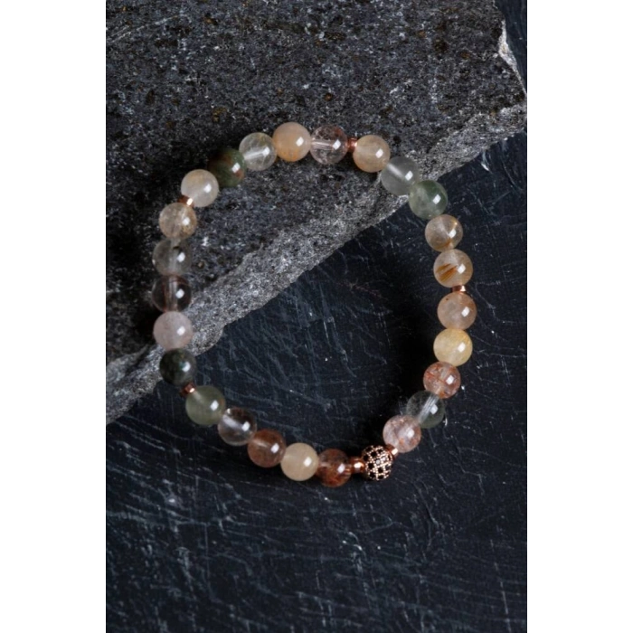 Sertifikalı Altın Rutilli Kuvars Zirkon Aparatlı Doğal Taş Bileklik - 8mm (SK:170)