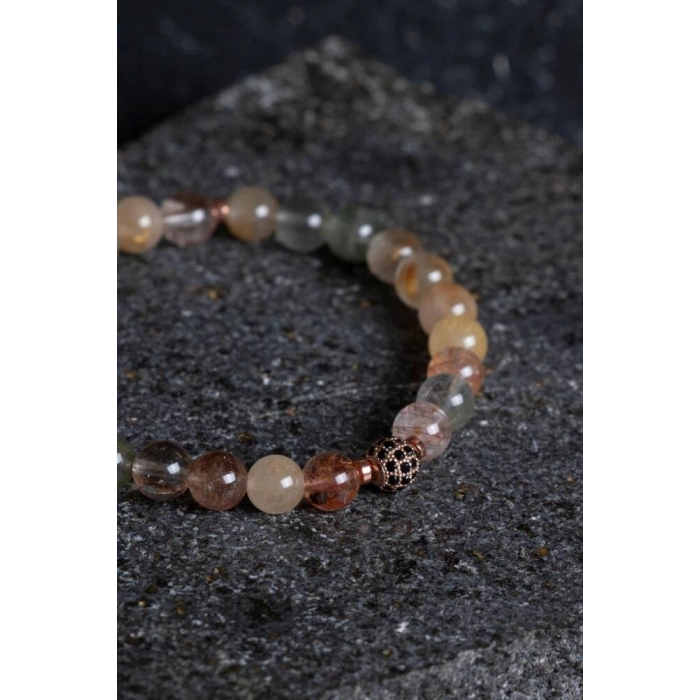 Sertifikalı Altın Rutilli Kuvars Zirkon Aparatlı Doğal Taş Bileklik - 8mm (SK:170)