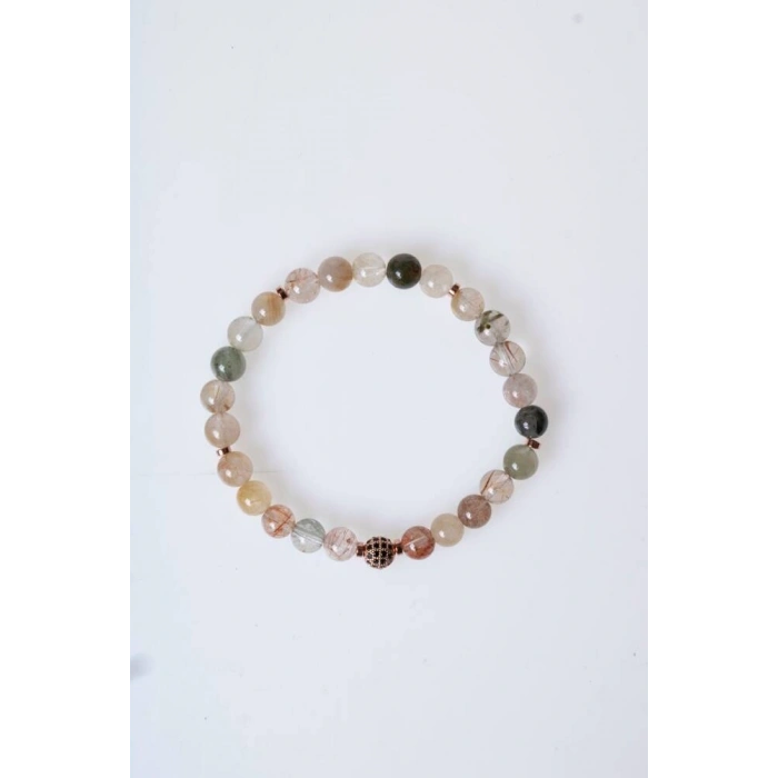 Sertifikalı Altın Rutilli Kuvars Zirkon Aparatlı Doğal Taş Bileklik - 8mm (SK:170)