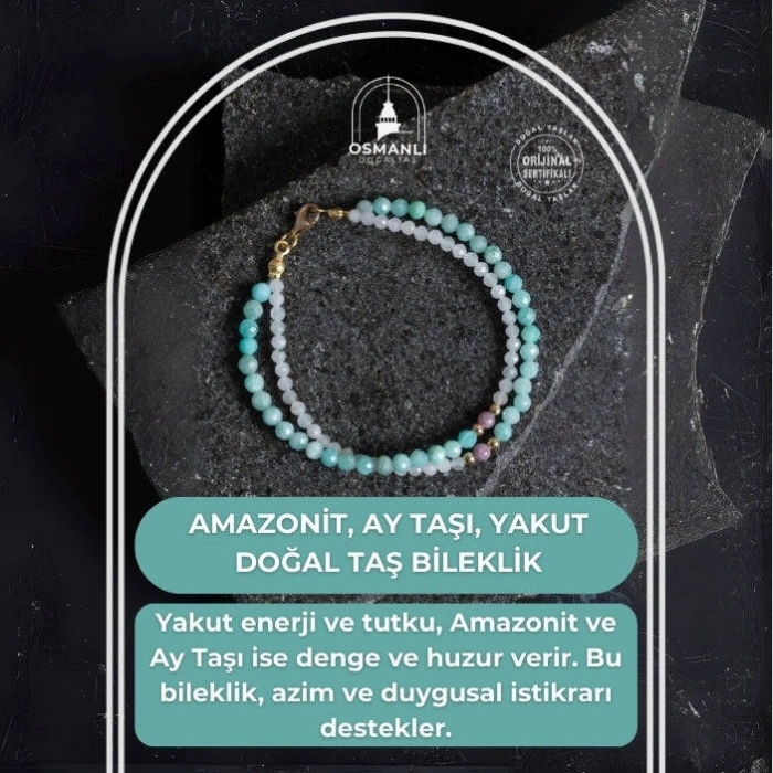 Sertifikalı Amazonit, Ay Taşı, Yakut Doğal Taş Bileklik