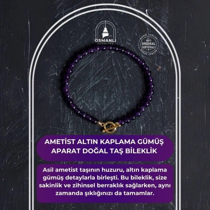 Sertifikalı Ametist Altın Kaplama Gümüş Aparat Doğal Taş Bileklik