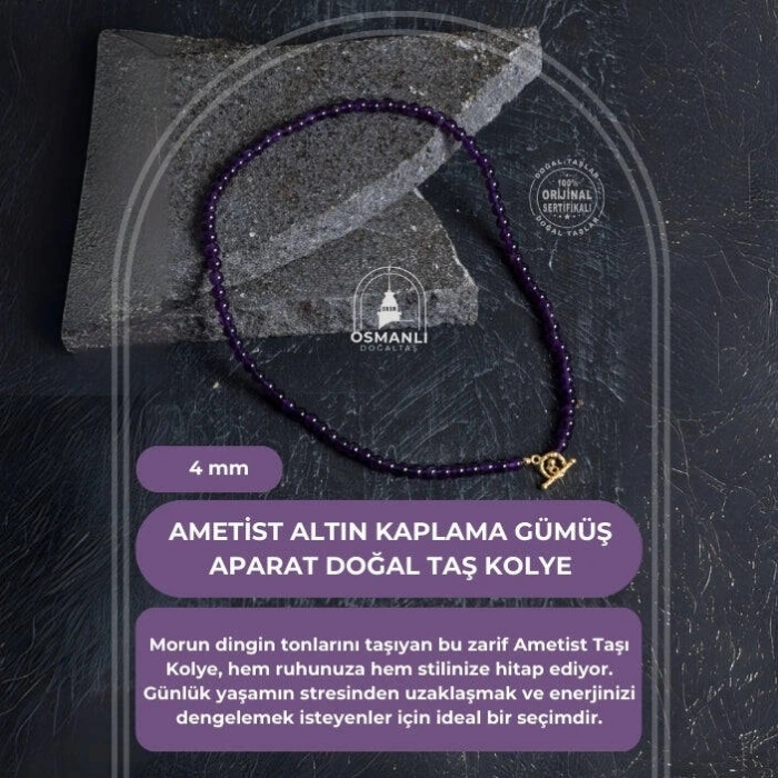 Sertifikalı Ametist Altın Kaplama Gümüş Aparat Doğal Taş Kolye