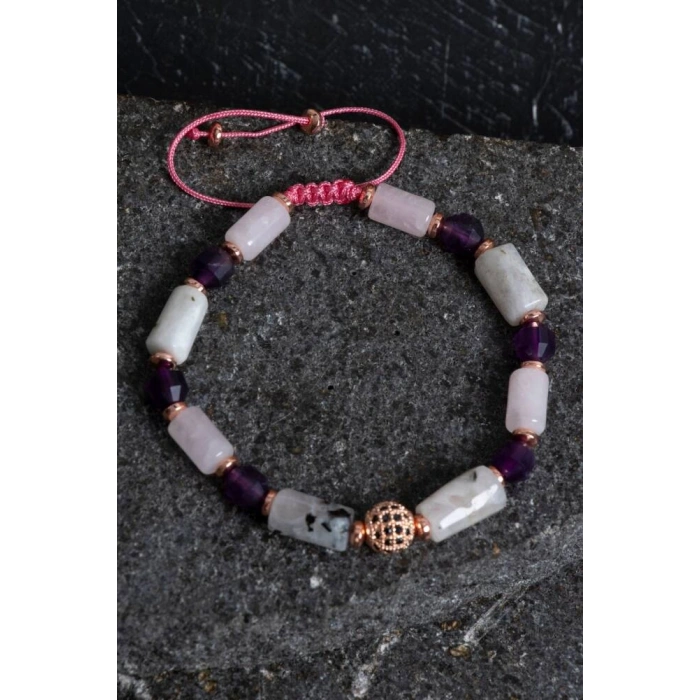 Sertifikalı Ametist, Ay Taşı ve Pembe Kuvars Doğal Taş Bileklik