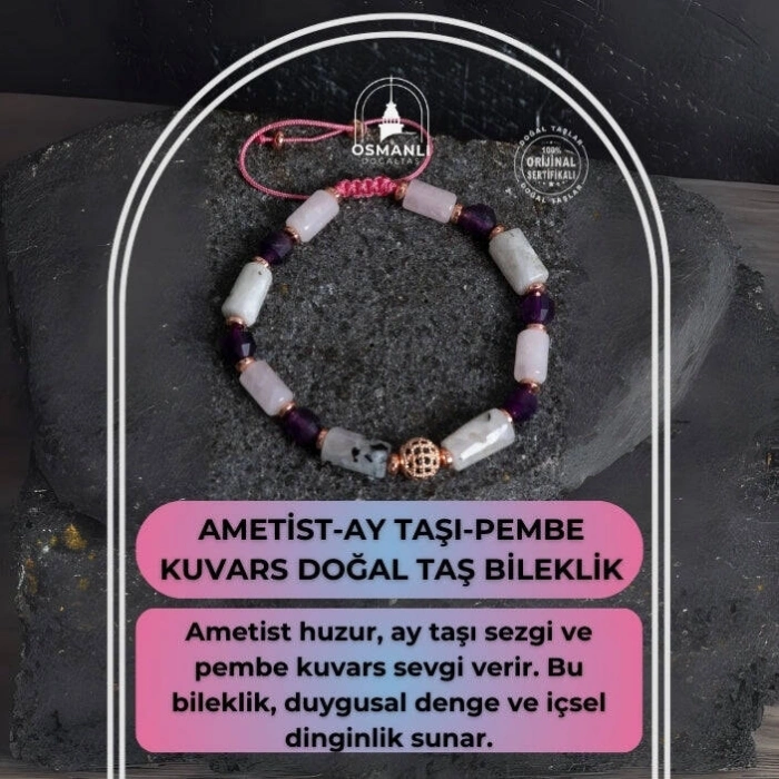 Sertifikalı Ametist, Ay Taşı ve Pembe Kuvars Doğal Taş Bileklik
