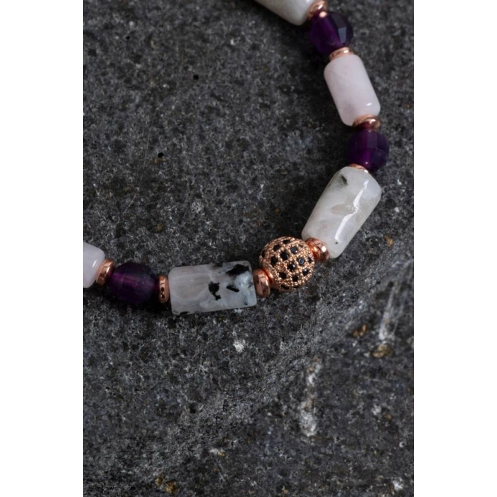 Sertifikalı Ametist, Ay Taşı ve Pembe Kuvars Doğal Taş Bileklik