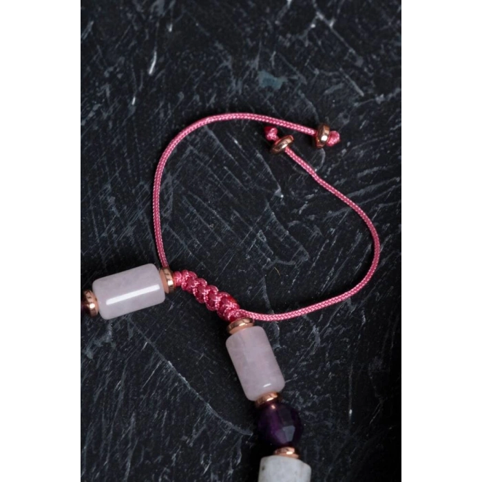 Sertifikalı Ametist, Ay Taşı ve Pembe Kuvars Doğal Taş Bileklik
