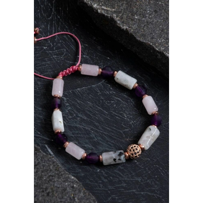 Sertifikalı Ametist, Ay Taşı ve Pembe Kuvars Doğal Taş Bileklik