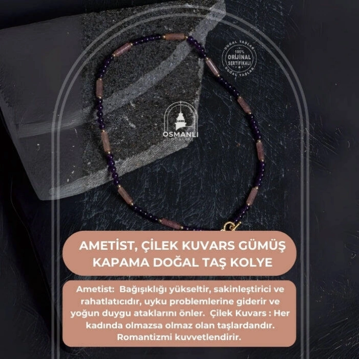 Sertifikalı Ametist, Çilek Kuvars Gümüş Kapama Doğal Taş Kolye