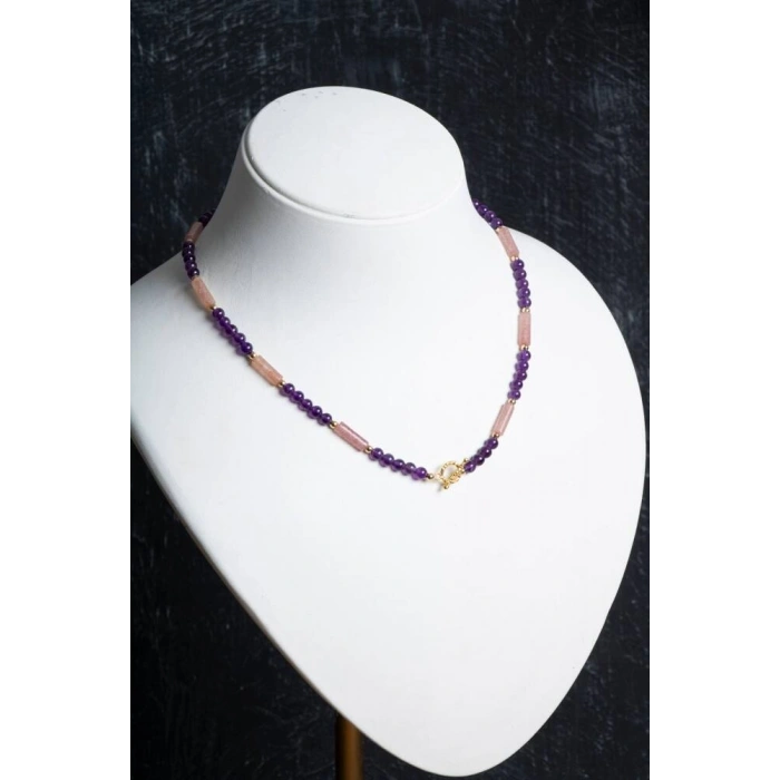 Sertifikalı Ametist, Çilek Kuvars Gümüş Kapama Doğal Taş Kolye