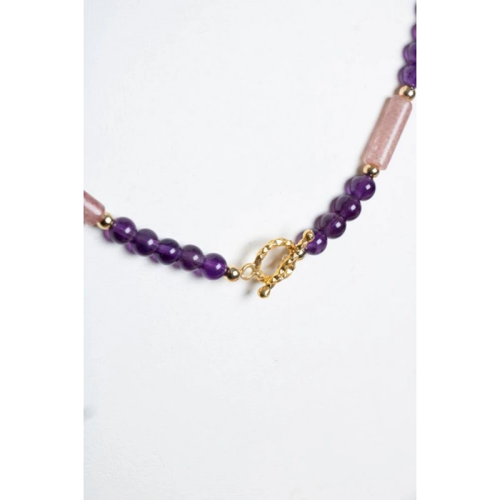 Sertifikalı Ametist, Çilek Kuvars Gümüş Kapama Doğal Taş Kolye