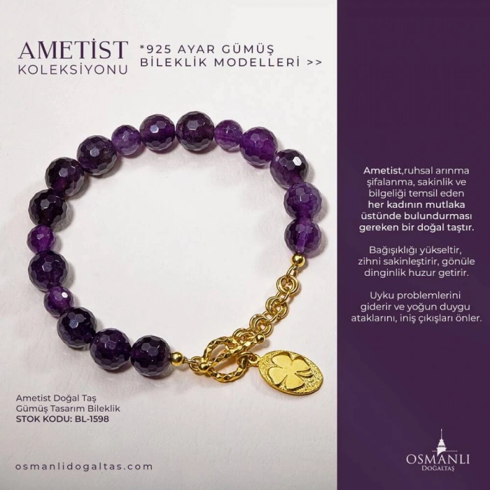 Sertifikalı Ametist Gümüş Aparatlı Doğal Taş Bileklik (SK:342)