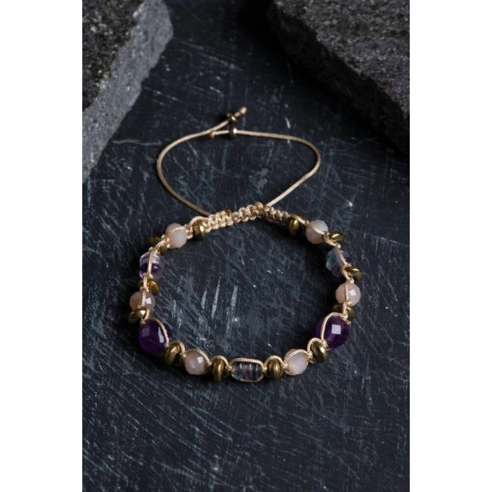 Sertifikalı Ametist, Güneş Taşı, Florit ve Hematit Doğal Taş Makrome Bileklik (SK:157)