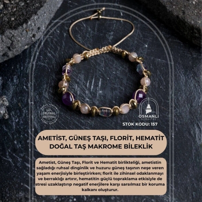 Sertifikalı Ametist, Güneş Taşı, Florit ve Hematit Doğal Taş Makrome Bileklik (SK:157)
