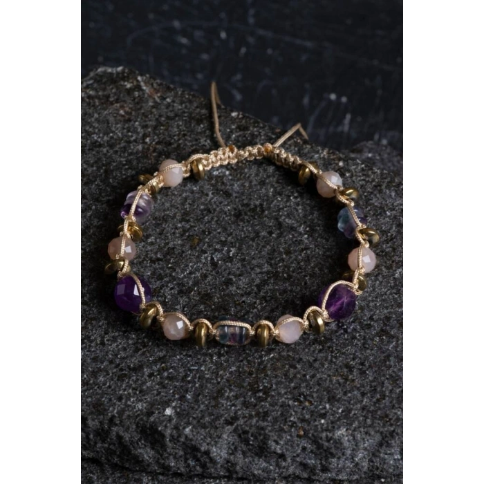 Sertifikalı Ametist, Güneş Taşı, Florit ve Hematit Doğal Taş Makrome Bileklik (SK:157)