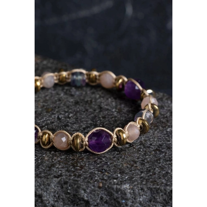 Sertifikalı Ametist, Güneş Taşı, Florit ve Hematit Doğal Taş Makrome Bileklik (SK:157)