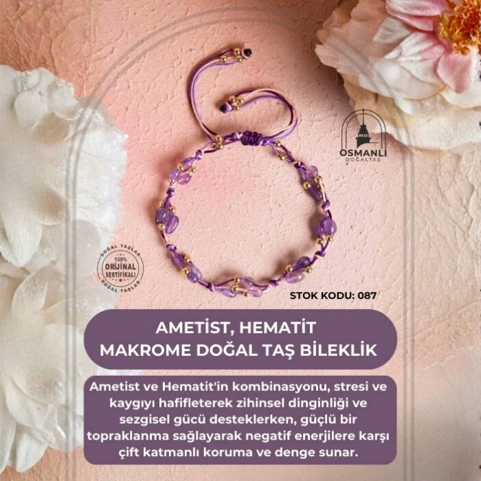 Sertifikalı Ametist, Hematit Makrome Doğal Taş Bileklik (SK:087)